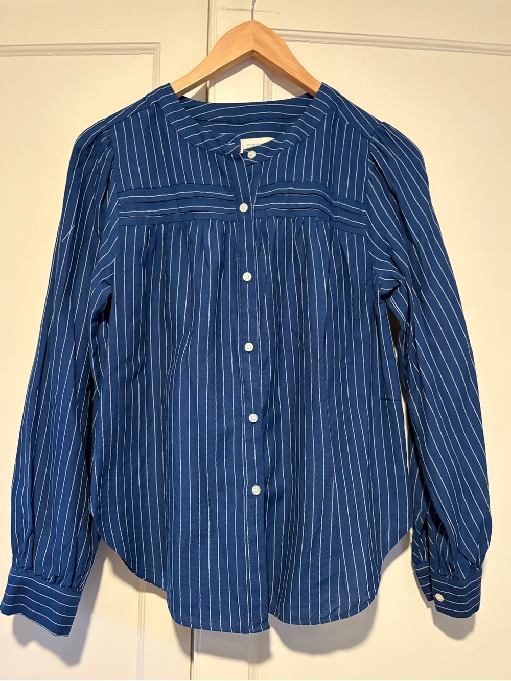 Loft Blue and White Pinstriped Striped Long Sleeve Cotton Blouse